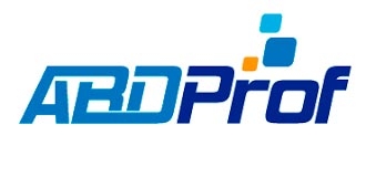 Logotipo de una empresa con el nombre ABProf en tonos azules y naranjas.