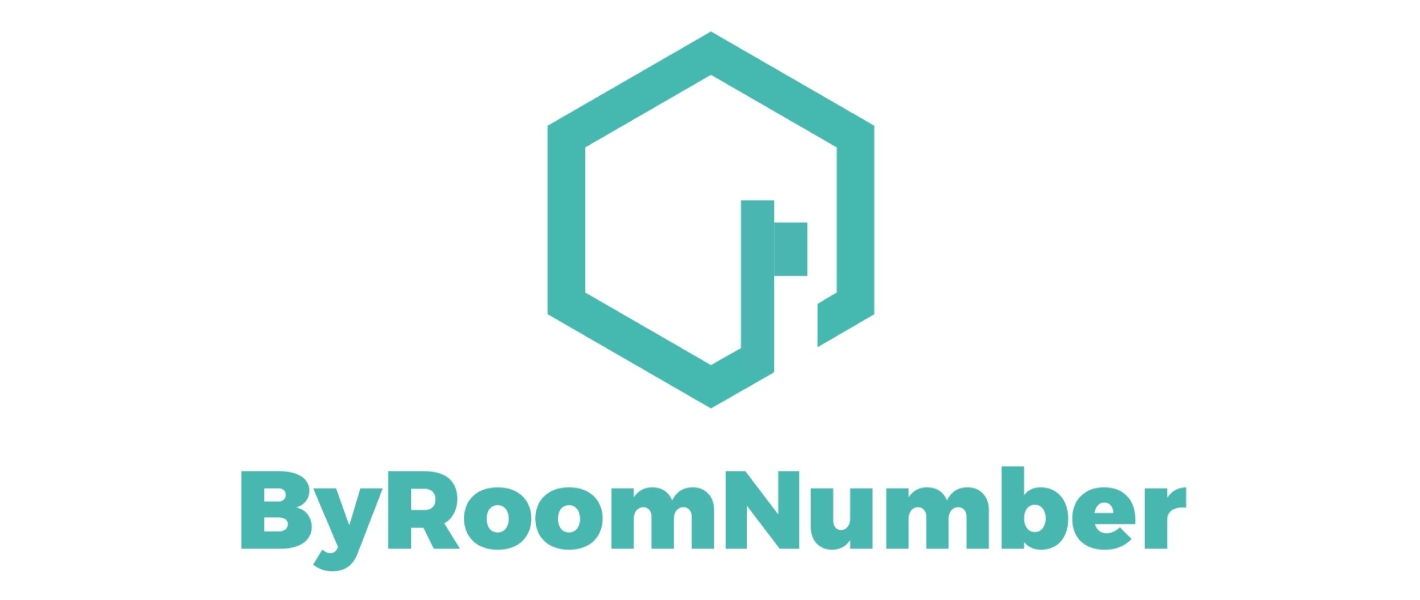 Logotipo de ByRoomNumber que presenta una figura geométrica en color aqua y texto moderno debajo.