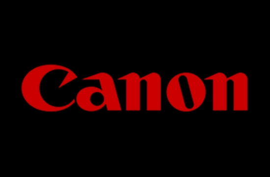 Logo de la marca Canon en color rojo sobre un fondo negro.