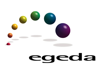 La imagen muestra un diseño gráfico con esferas de colores y el nombre 'egeda'.