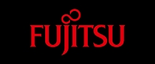 El logotipo de la empresa Fujitsu en letras rojas sobre fondo negro.