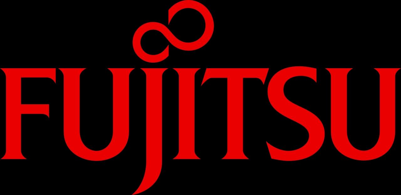 Logo de la empresa Fujitsu en color rojo sobre fondo negro.