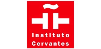 Logo del Instituto Cervantes con fondo rojo y elementos gráficos en blanco.