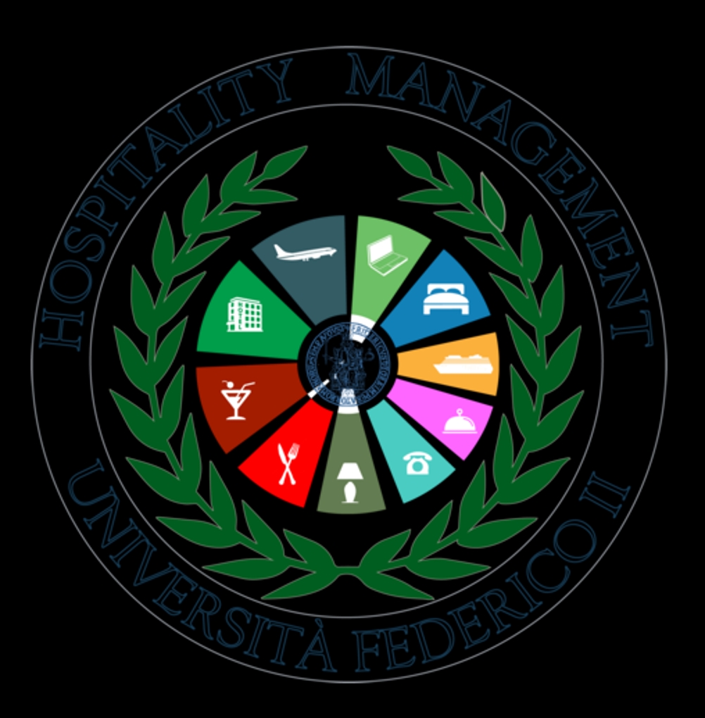 Este es el emblema de la gestión hotelera de la Universidad Federico II, ilustrado con diversos íconos representativos del sector.