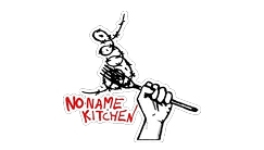 La imagen muestra un dibujo estilizado de una mano sosteniendo un tenedor con una figura de un pez y el texto 'NO NAME KITCHEN'.
