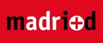 Logotipo de Madrid con fondo rojo y una cruz blanca.