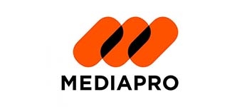 Logotipo de Mediapro, representando una forma abstracta en tonos naranjas y negro.