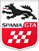 Logo del equipo de carreras Spania GTA con un lobo negro y un fondo en rojo.