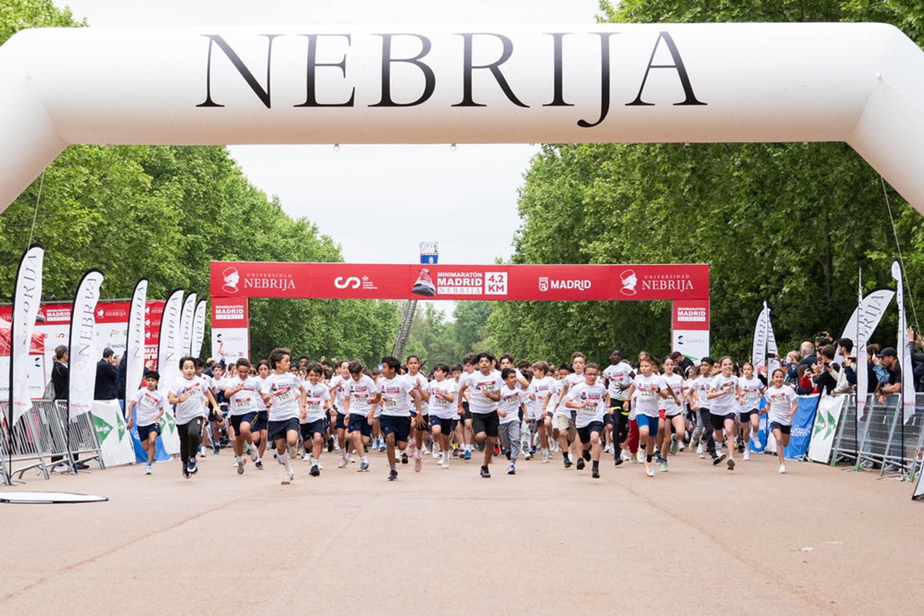 Una multitud de corredores inicia una carrera bajo un arco de meta en un evento deportivo.