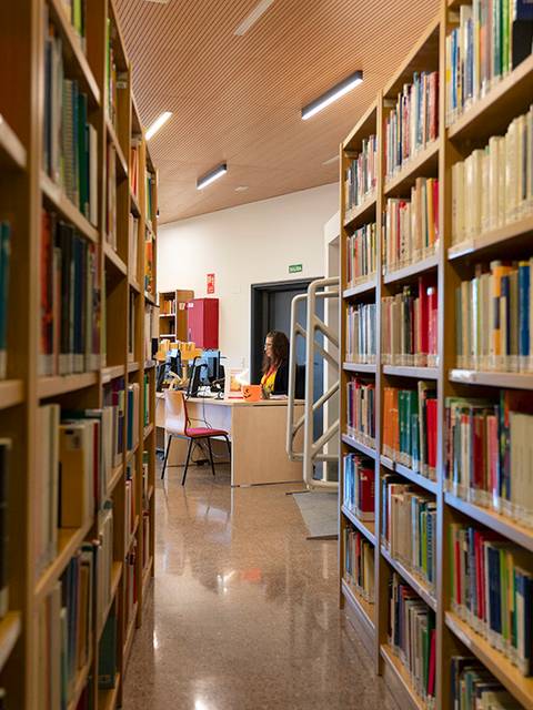 Una imagen que muestra un pasillo de una biblioteca con estanterías llenas de libros a ambos lados.