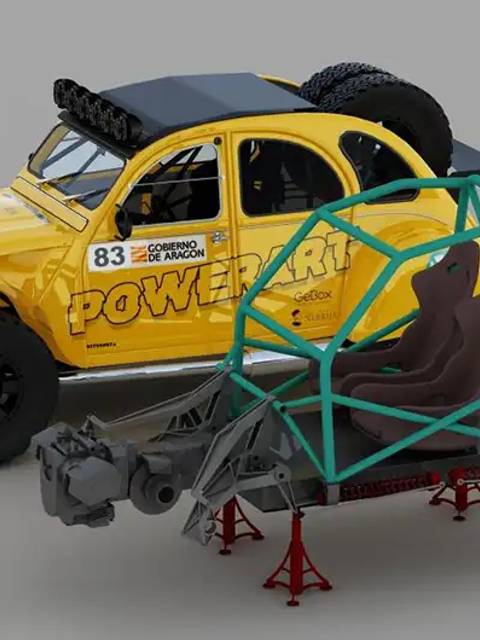 Un coche de rally amarillo con una estructura de chasis expuesta al lado.