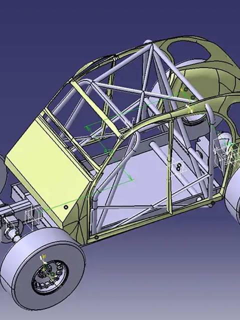Esquema de un coche con estructura tubular y diseño simplificado.