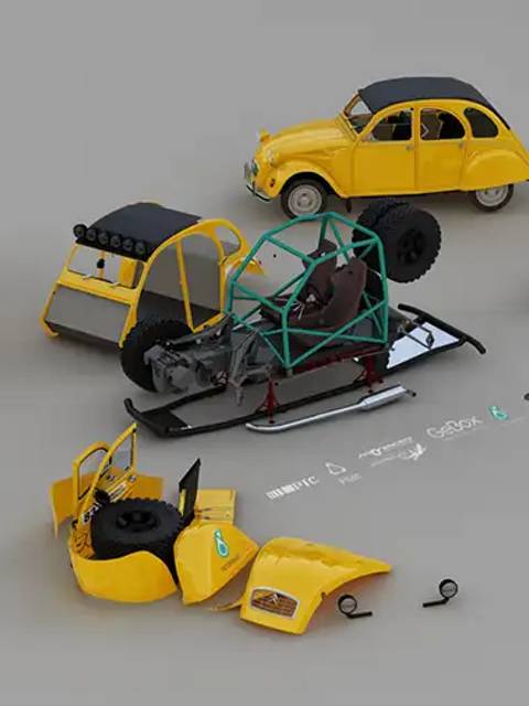 La imagen muestra varios modelos de coches amarillos desarmados junto a partes y herramientas de construcción.