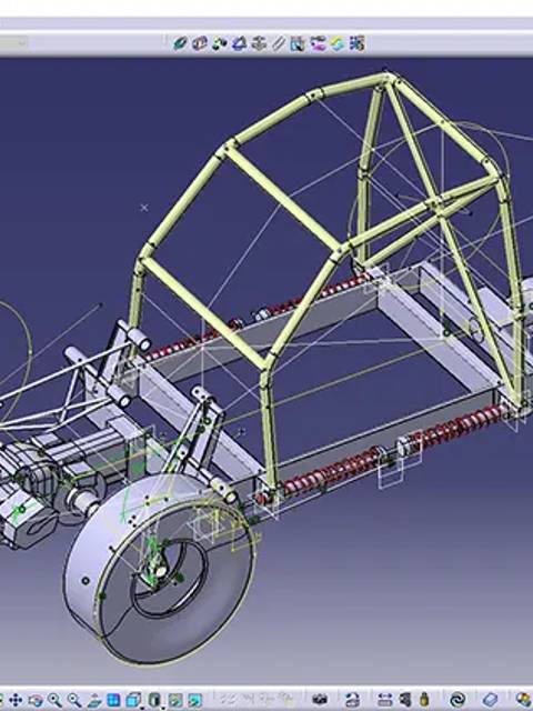 Modelo 3D de un chasis de vehículo en un software de diseño CAD.