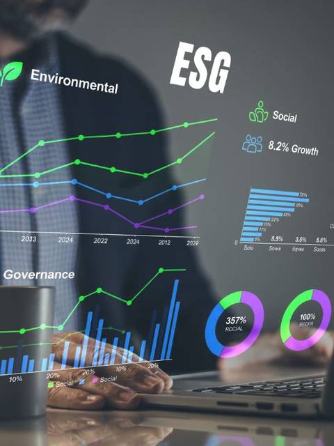 La imagen muestra gráficos y datos sobre ESG, incluyendo aspectos ambientales, sociales y de gobernanza.