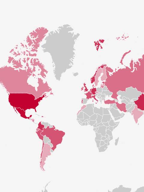 Mapa mundial en tonos de rosa y gris que muestra diferentes áreas geográficas.