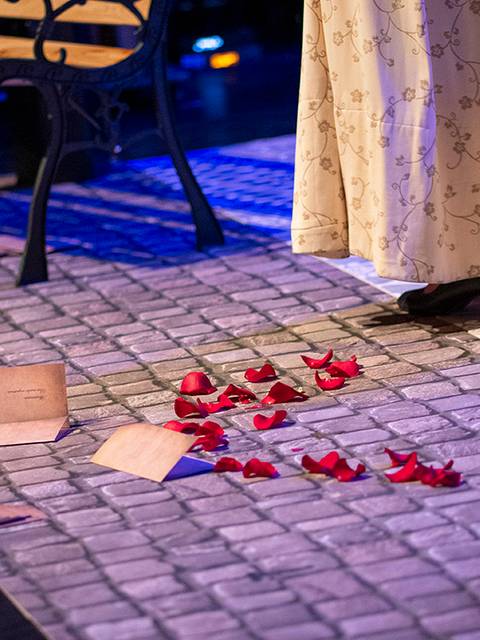 Una escena en el escenario donde se ven pétalos de rosa y cartas esparcidas sobre un suelo de piedra.