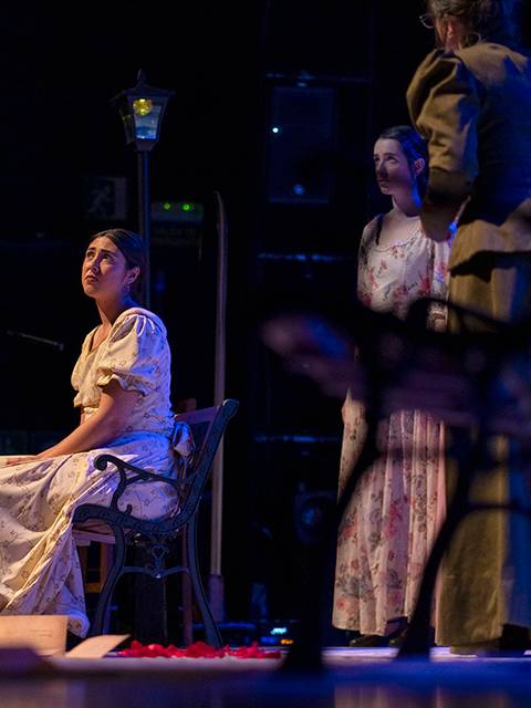 Una escena teatral donde una mujer sentada en una silla observa a otras personas en el escenario.