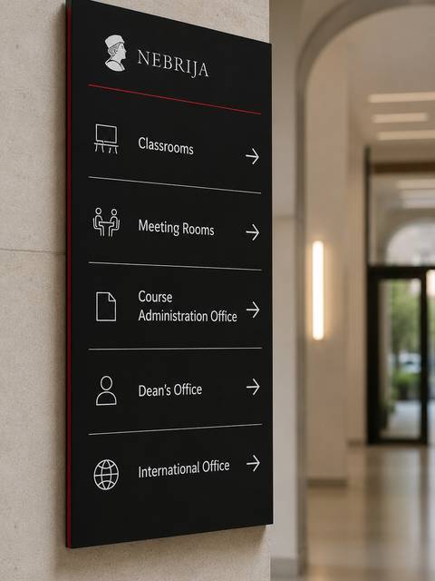 Una señalización dentro de un edificio que indica diferentes oficinas y aulas de la Universidad Nebrija.