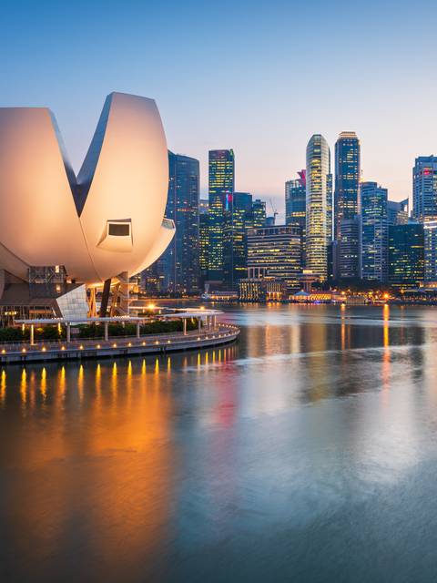 La imagen muestra un paisaje urbano de Singapur al atardecer, con un edificio moderno en forma de flor y rascacielos al fondo.