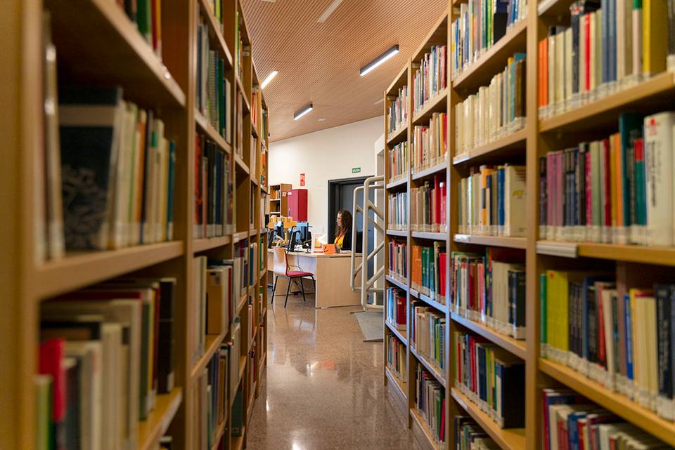 Una imagen que muestra un pasillo de una biblioteca con estanterías llenas de libros a ambos lados.