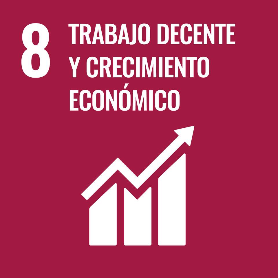 La imagen representa el objetivo de trabajo decente y crecimiento económico con un gráfico ascendente.
