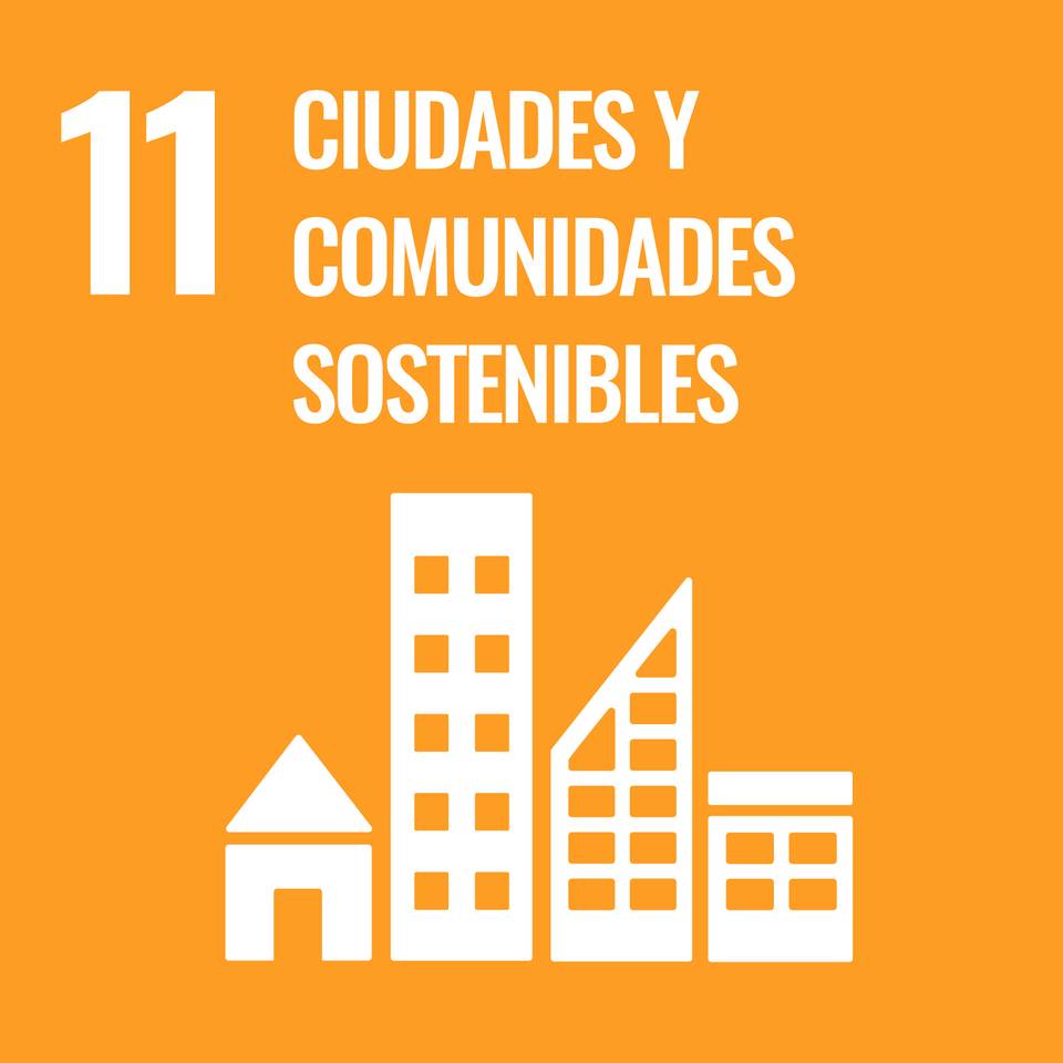 La imagen representa el objetivo 11 de los ODS, centrado en ciudades y comunidades sostenibles, con un diseño gráfico que ilustra edificios y una casa sobre un fondo naranja.