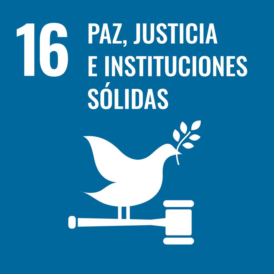 Logo que representa el Objetivo de Desarrollo Sostenible 16, que promueve la paz, justicia e instituciones sólidas.