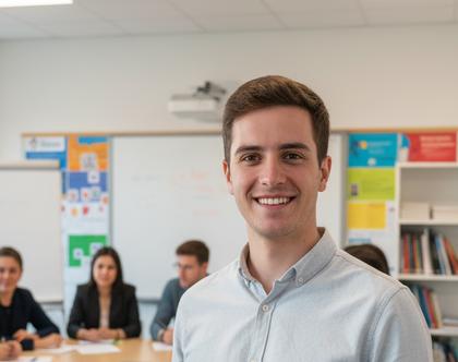 Un joven sonriente se encuentra al frente, mientras un grupo de personas está al fondo en un entorno de aula.
