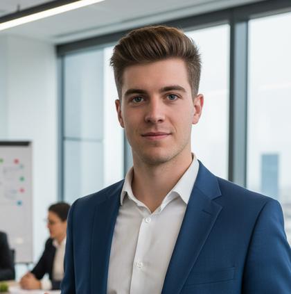 Un joven profesional posando en una oficina moderna.