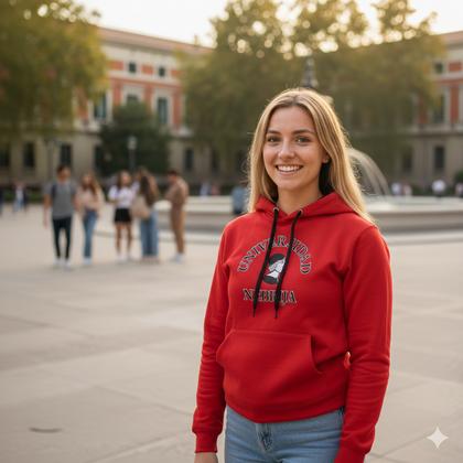 Una joven sonriente vestida con sudadera roja se encuentra en un entorno urbano con otras personas al fondo.