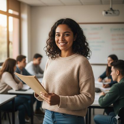 Una mujer sonriente sostiene unos documentos en un aula mientras otros estudiantes trabajan en grupo.