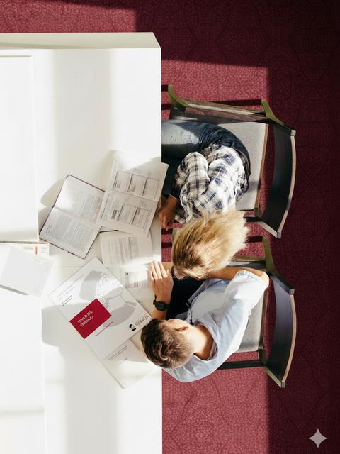 Dos personas colaborando en una mesa con documentos y materiales de estudio.