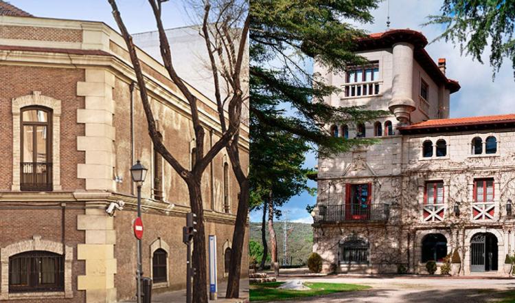 La imagen muestra dos edificios históricos con arquitectura distintiva, uno de ladrillo y otro con detalles de estilo europeo.