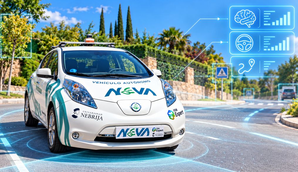 Un vehículo autónomo que circula por una carretera mostrada con gráficos tecnológicos alrededor.