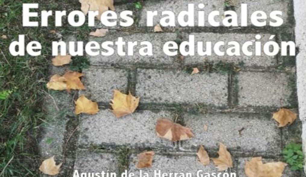 Un libro titulado 'Errores radicales de nuestra educación' se encuentra sobre una superficie de cemento con hojas secas a su alrededor.