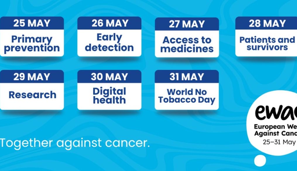 La imagen presenta una serie de actividades programadas para la Semana Europea contra el Cáncer, con fechas y temas específicos.