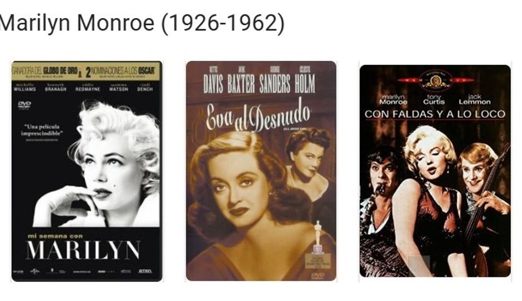 La imagen presenta tres carátulas de películas protagonizadas por Marilyn Monroe.