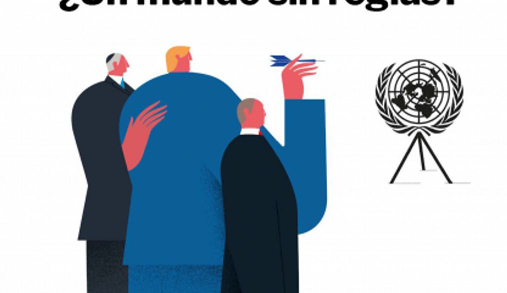 La portada de la revista Política Exterior presenta tres figuras humanas con un fondo que sugiere un debate sobre el orden mundial.