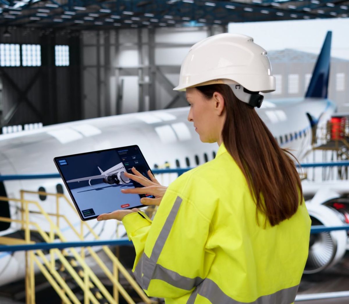 Una mujer con casco y chaleco de seguridad interactúa con una tablet frente a un avión en un hangar.