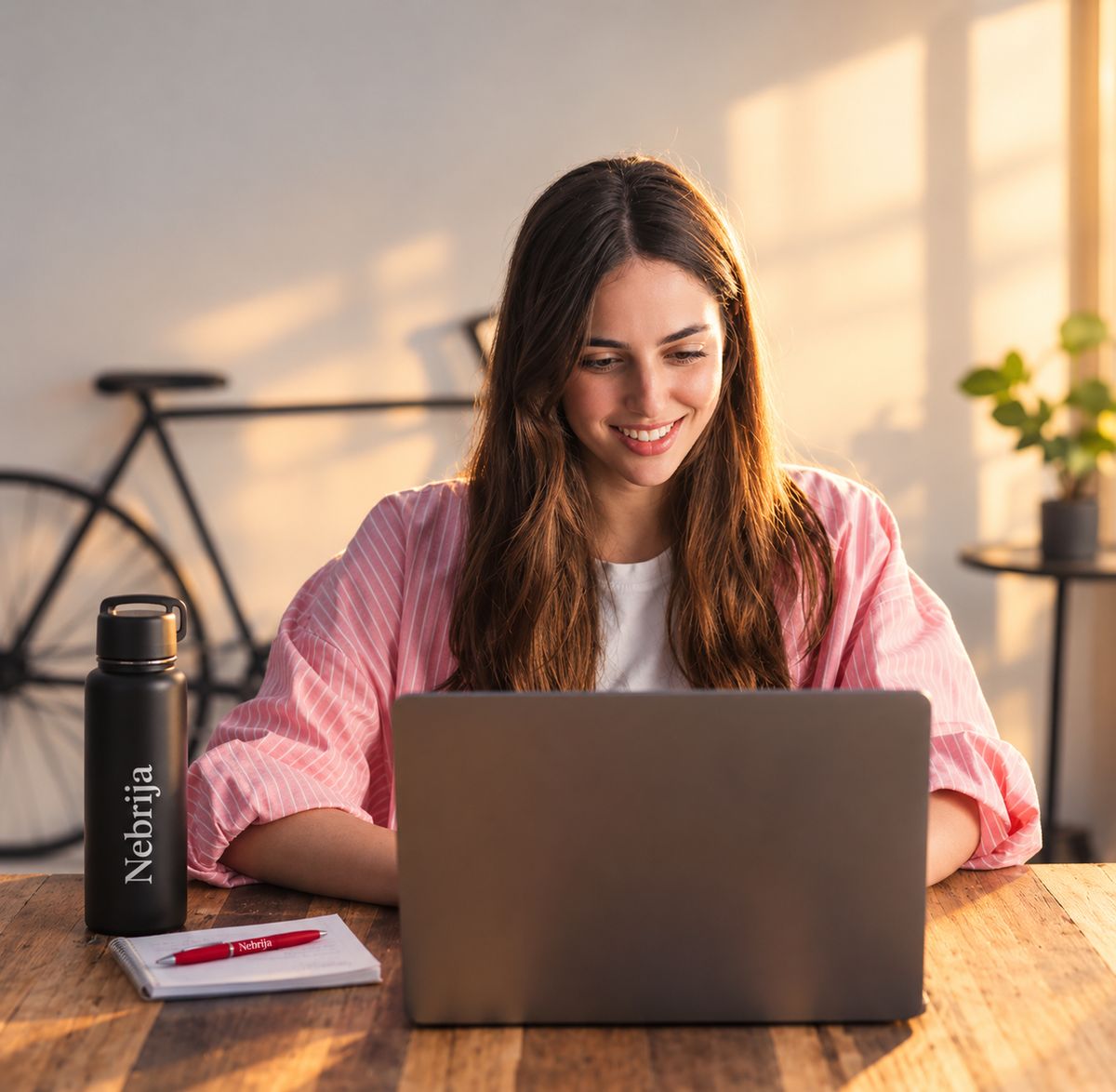 Una mujer sonriente trabaja en su computadora portátil en un ambiente acogedor con luz natural.