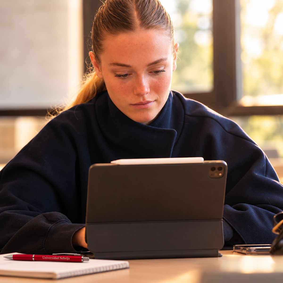 Una joven estudia con una tablet en un ambiente luminoso.
