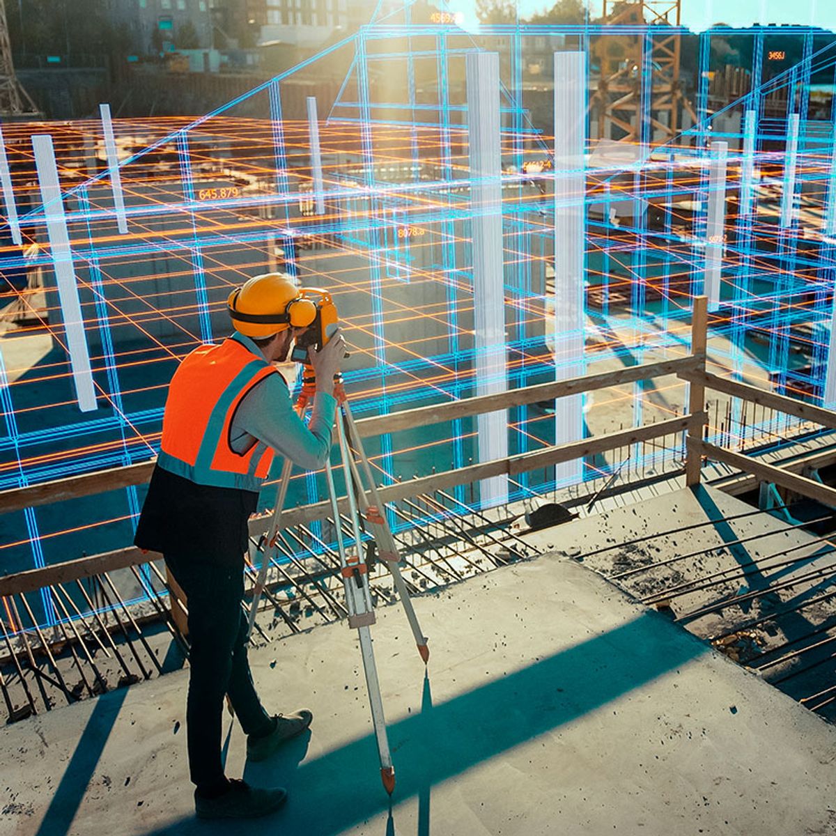 Proyección de líneas digitales sobre el área de construcción