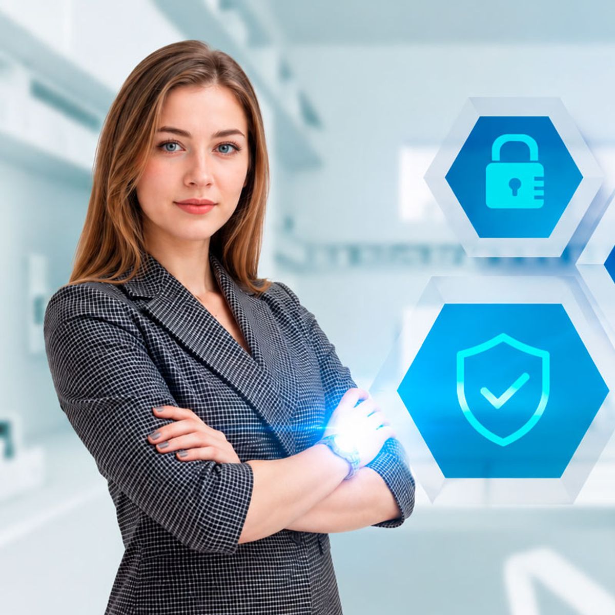 Una mujer sonriente que presenta iconos de seguridad digital en un entorno moderno.