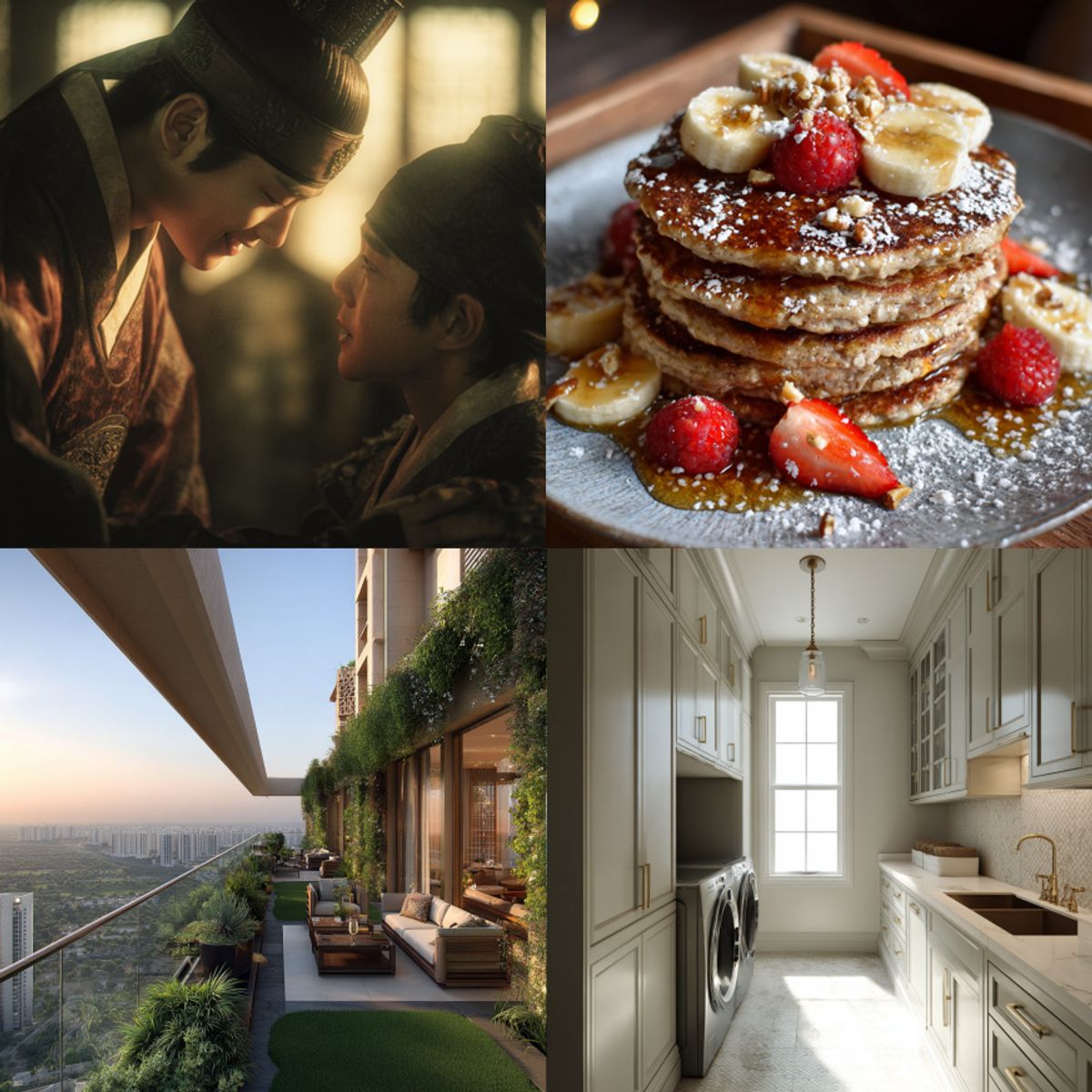 La imagen muestra cuatro escenas distintas: un momento dramático entre dos personajes, un plato de pancakes decorados, un balcón moderno y una cocina elegante.