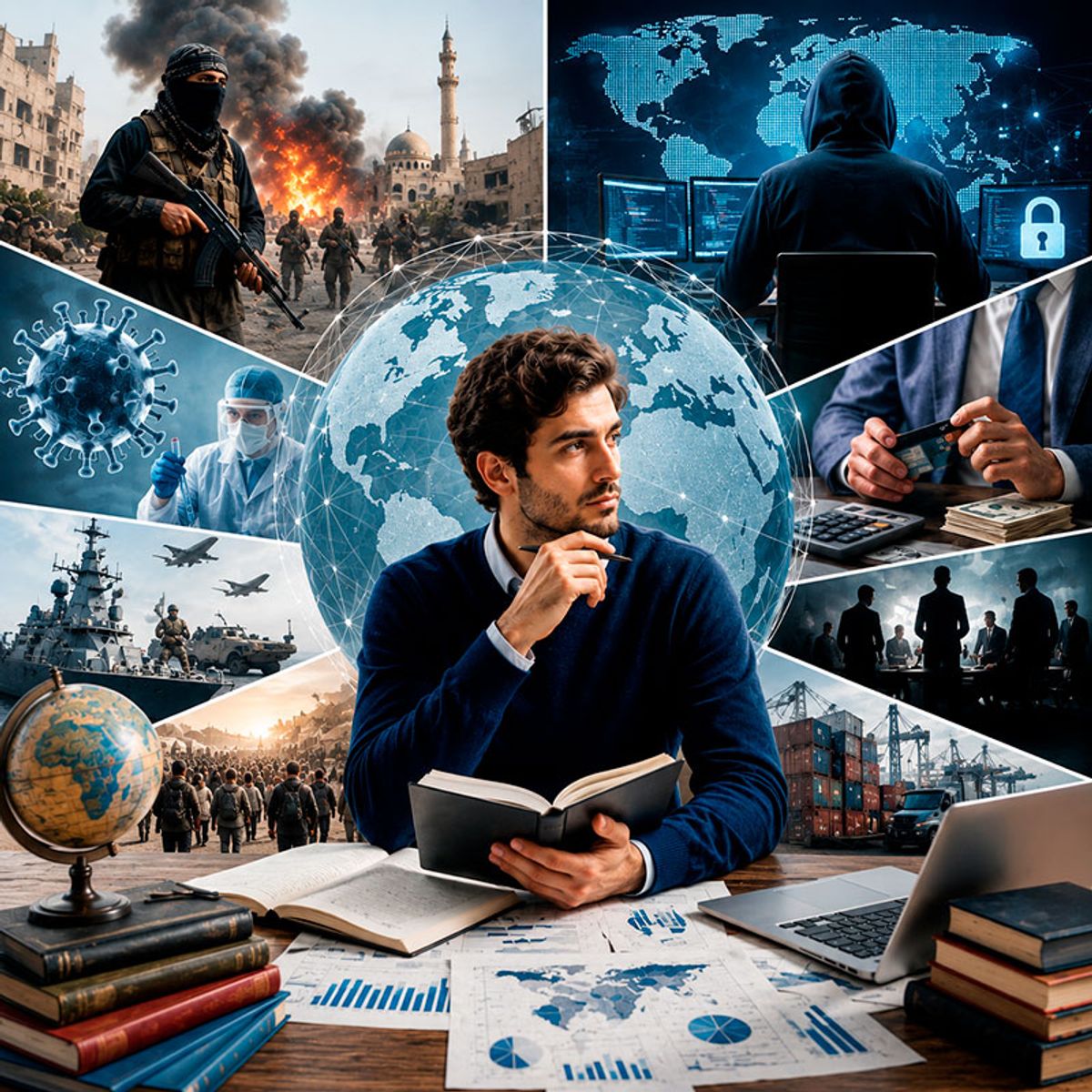 Un hombre está sentado con un libro y un ordenador, rodeado de imágenes  que transmiten investigación, pensamiento estratégico, inteligencia, seguridad internacional y toma de decisiones, todo ello con una estética institucional y académica