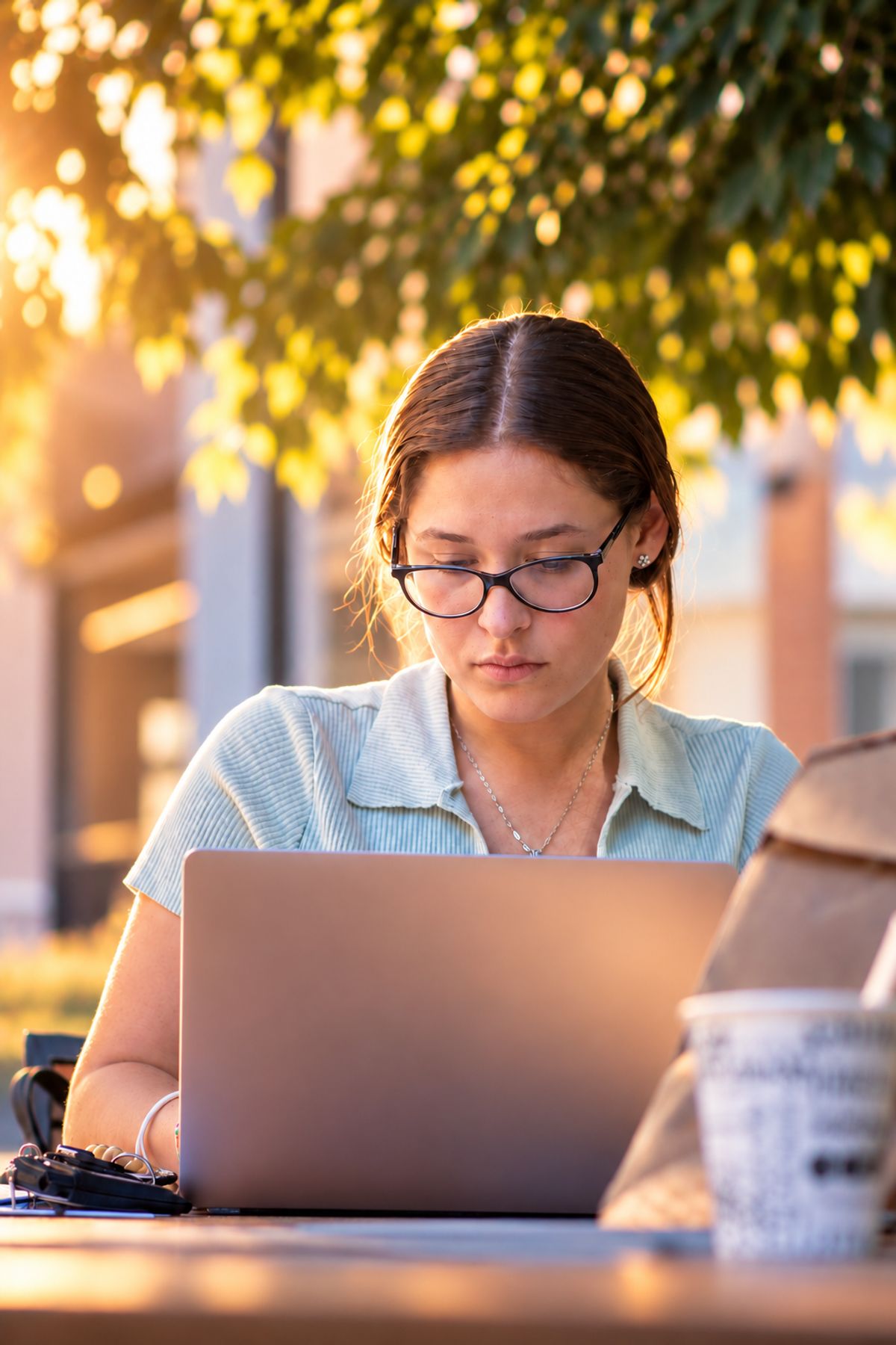 Una mujer joven trabaja en su computadora portátil al aire libre, bajo la luz del sol y rodeada de naturaleza.