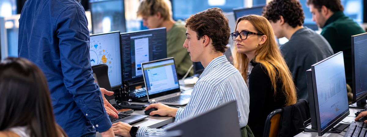 Un grupo de estudiantes trabaja en sus computadoras durante una clase en un entorno moderno.