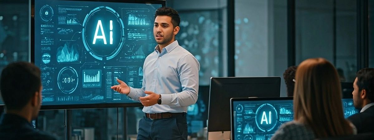 Un hombre presenta información sobre inteligencia artificial en una sala de conferencias moderna.