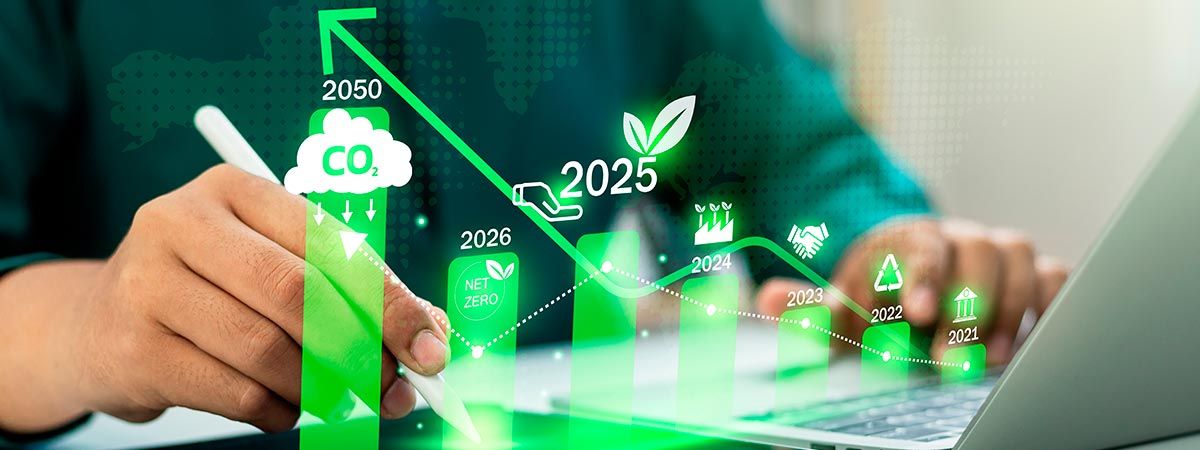 La imagen muestra a una persona analizando gráficos de crecimiento y sostenibilidad en una computadora portátil.